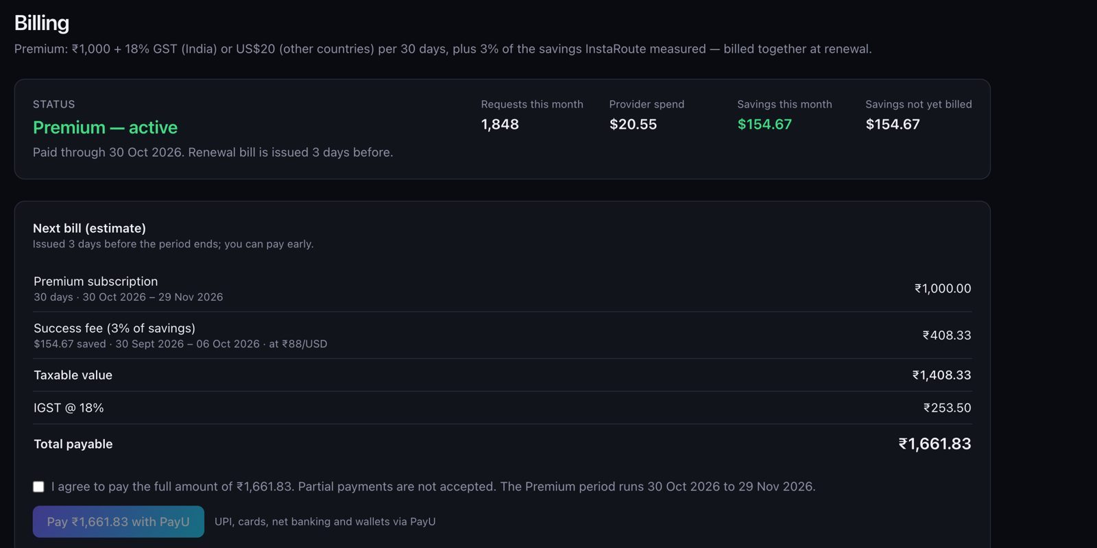 InstaRoute billing — INR pricing with GST invoice and UPI payment