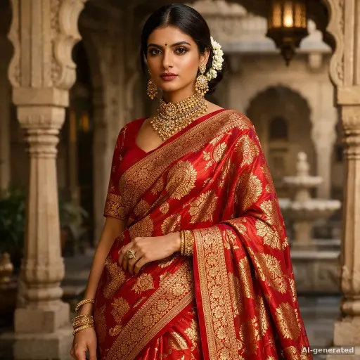 AI fashion lookbook photo: model in a red and gold Banarasi silk saree in a carved stone haveli