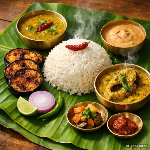 AI food photography for a restaurant menu: Bengali fish thali on a banana leaf with rice and begun bhaja