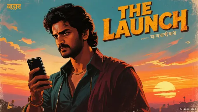 Bollywood film poster style AI image of a hero holding a smartphone at sunset, titled "The Launch"
