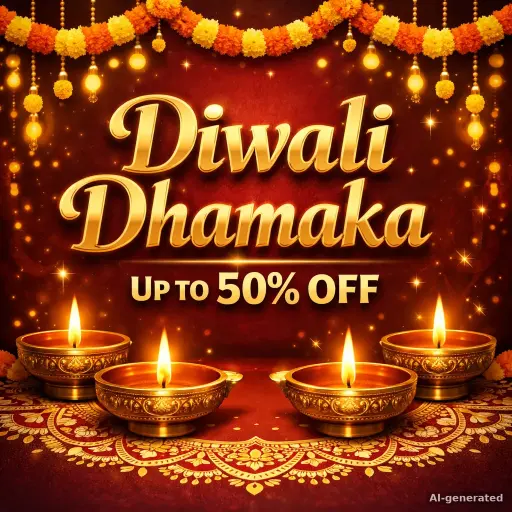 AI Diwali poster maker example: "Diwali Dhamaka — up to 50% off" sale banner with brass diyas and marigold garlands
