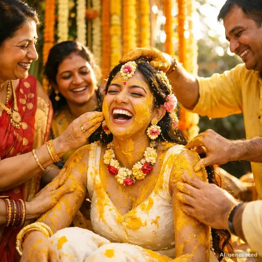 AI-generated haldi ceremony photo: laughing bride covered in turmeric surrounded by family