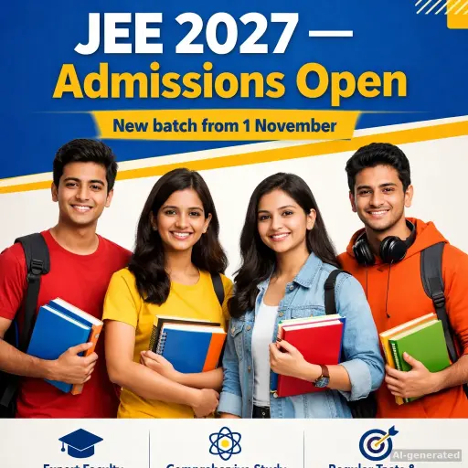 AI ad poster for a coaching institute: "JEE 2027 — Admissions Open" with smiling students holding books
