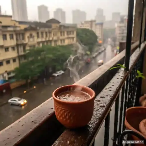 AI lifestyle image: a kulhad of chai on a rain-soaked Mumbai balcony during the monsoon