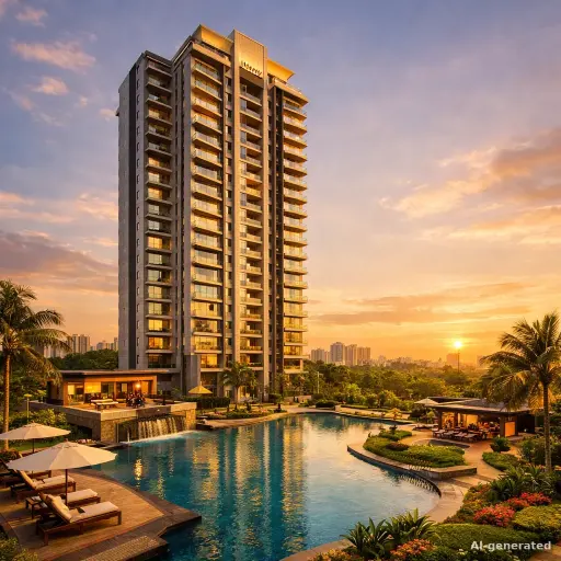 AI real estate marketing image: premium residential tower and pool at golden hour