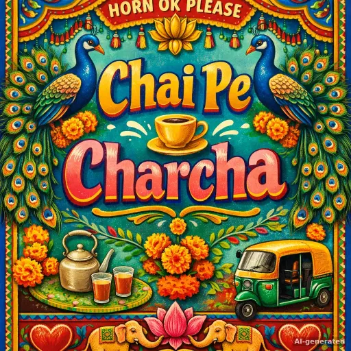 Indian truck art style AI poster reading "Chai Pe Charcha" with peacocks, marigolds and an auto-rickshaw