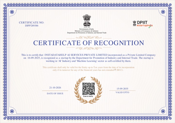 DPIIT Certificate of Recognition issued to InstaDataHelp AI Services Private Limited