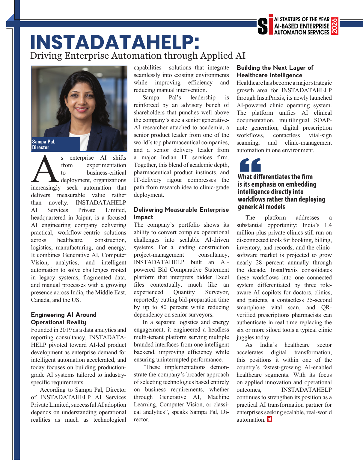 InstaDataHelp feature in siliconindia magazine, June 2026 — AI Startups of the Year
